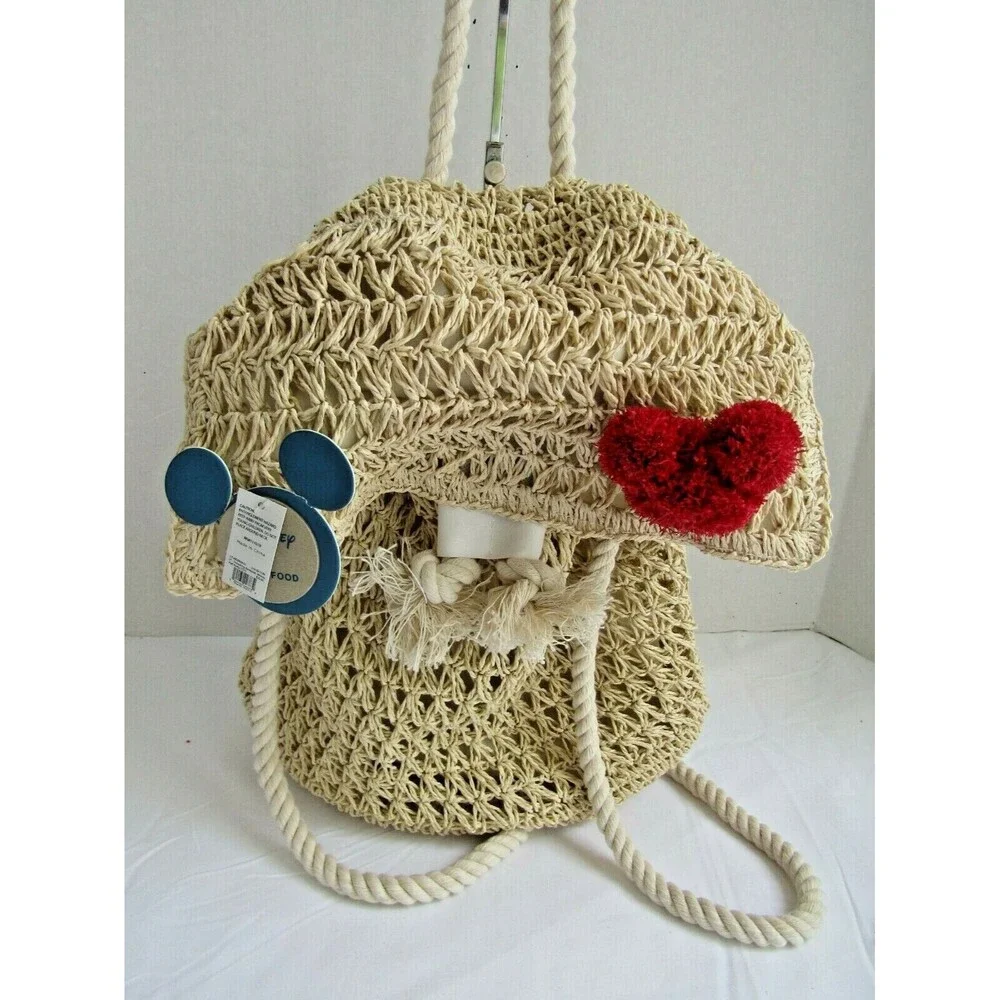 Disney Mickey Mouse Backpack Raffia Straw Drawstring Junk Food 90th Anniversary